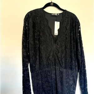 NWT Boohoo Plus Size 20 Blk Lace Bodysuit Plunge Long Sleeve Dark Academia Goth